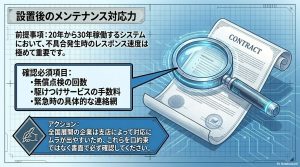 20〜30年稼働するシステムにおけるメンテナンスの重要性と、無償点検回数や緊急時の連絡網を口約束ではなく書面で確認するよう促す図解。