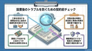 施工会社の実績確認、工法の詳細、定期点検の費用、雨漏り保証など、契約前に確認すべき重要項目をまとめた画像