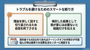 詳しい理由を話さず結論だけを伝える断り方のコツと、クーリングオフ制度、消費生活センターへの相談を案内する画像