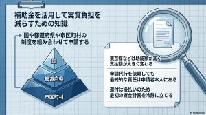 国・都道府県・市区町村の補助金を組み合わせるピラミッド構造と、申請代行時の責任所在、資金計画の重要性を解説した画像
