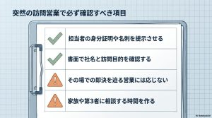 訪問営業を受けた際に確認すべき、身分証明の提示、社名・目的の確認、即決の回避、第三者への相談をまとめたチェックリスト