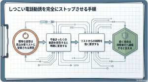 曖昧な返答を避け、勧誘拒否とリスト削除を明確に伝え、必要に応じて消費者庁への通報を検討する手順を示すフローチャート
