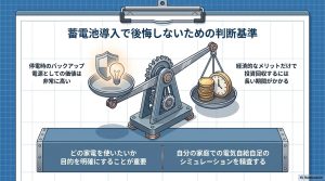 停電時の価値と経済的メリットを天秤にかけ、導入目的の明確化と自給自足シミュレーションの精査を促す比較図