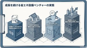 サンズカンパニーの営業スタイル、施工体制、若手社員の活気、補助金への精通など、企業としての4つの特徴を解説した図解