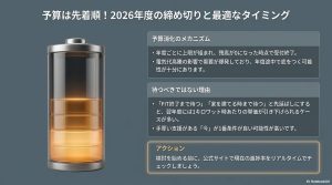 予算消化のメカニズムと、補助金単価が下がる前に検討すべき理由を解説したスライド