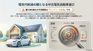 家の前に駐車されたリーフとV2Hシステム、バッテリー状態の診断イメージ図