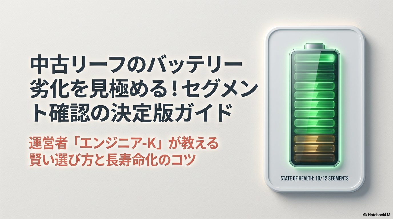 中古リーフのバッテリーセグメントを確認するエンジニア-K直伝のガイド・タイトルスライド