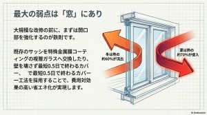 冬は約60%の熱が流出し、夏は約70%の熱が侵入する窓の弱点を示した解説図。