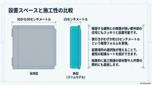 従来型の奥行き30〜50cmに対し、新型（スリムモデル）は約15cmであるという薄型設計の比較図。施工費節約にも直結。