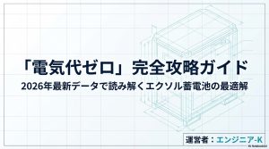 エクソル蓄電池を活用した電気代ゼロ攻略ガイドの表題スライド。2026年最新データに基づく最適解。